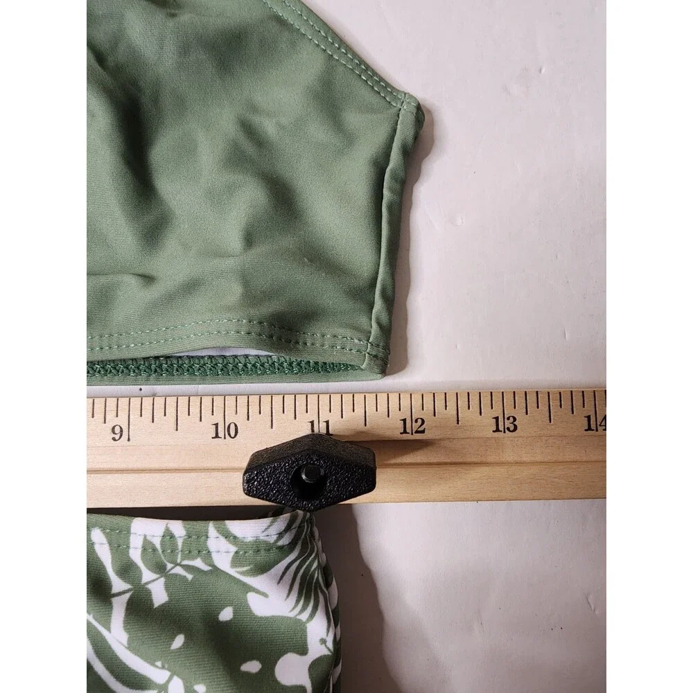 Bikini Set 3-piece Girls 12Y Green White Floral Swimsuit Cover-up Pom Tassels